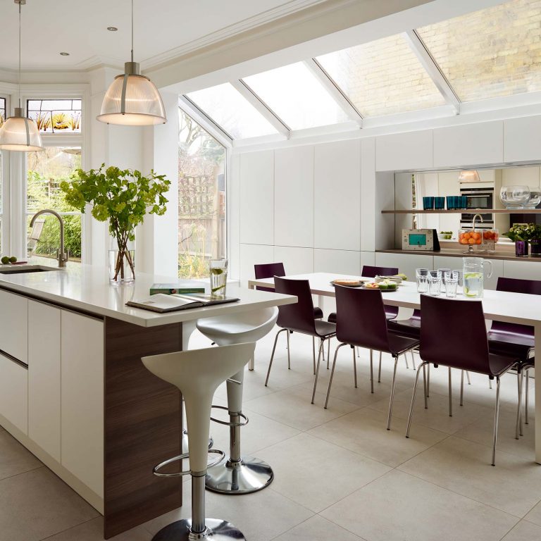 Open plan kitchen with bright roof lights