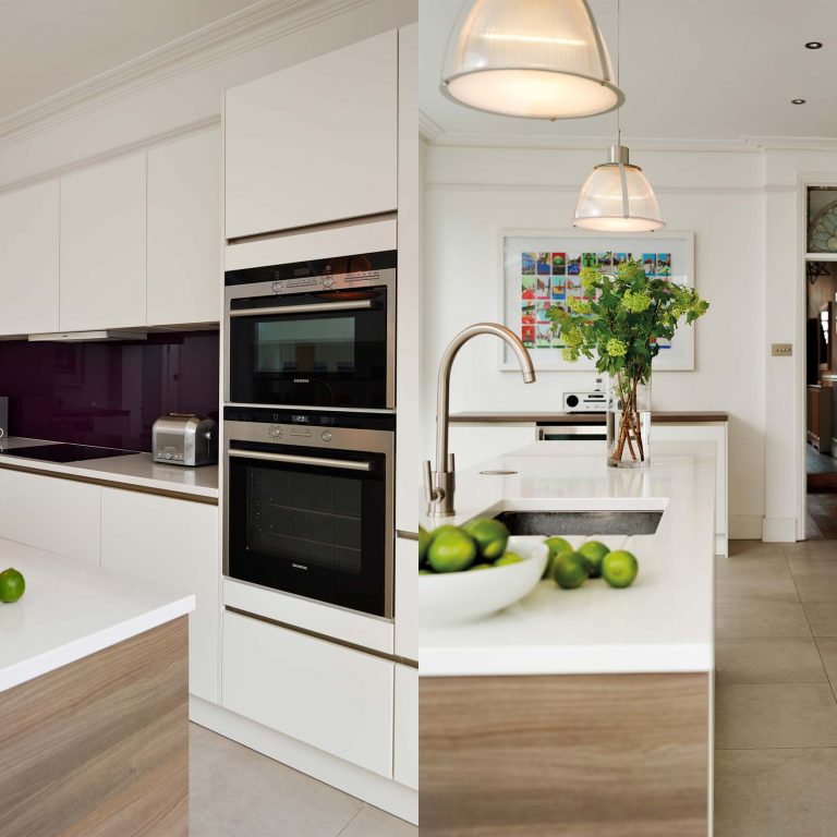 White and purple kitchen decor with green elements