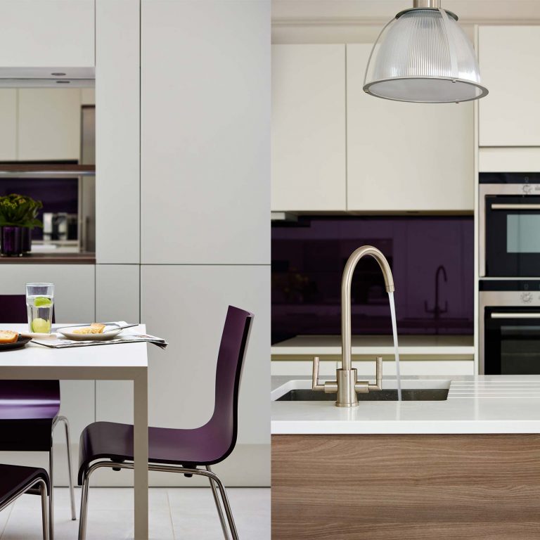Purple and white kitchen decor